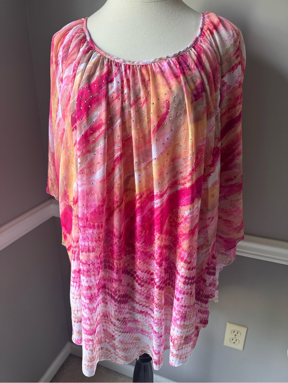 ONE WORLD Pink Peach Tie-Dye Beaded Peasant Tunic Top